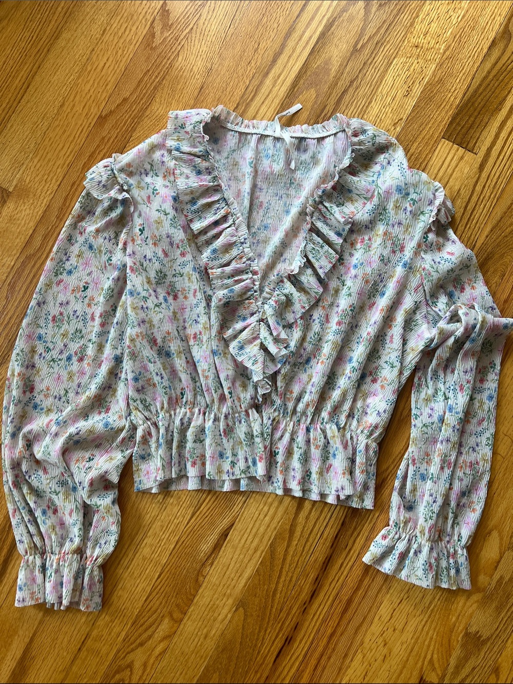 Anthropologie Cream Floral Ruffle V-Neck Blouse